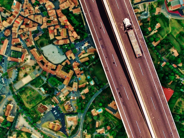 Aerial view of transportation infrastructure showing truck logistics and weighing applications across US highways